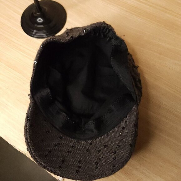 Newsboy Style Grey Taupe Cap Hat With Sequin Detail - Picture 5 of 6